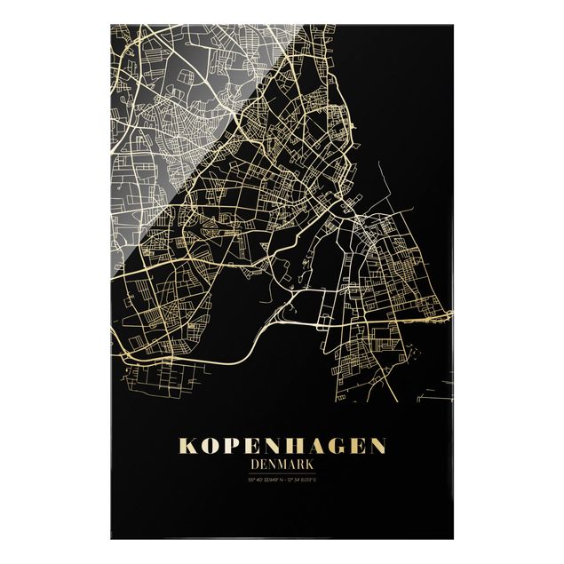 Glas Wandbilder Stadtplan Kopenhagen - Klassik Schwarz