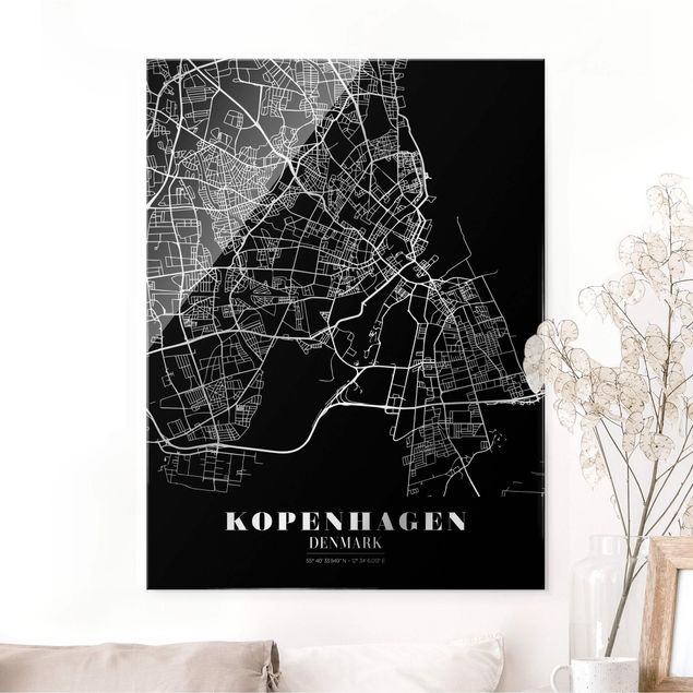 Glasbilder XXL Stadtplan Kopenhagen - Klassik Schwarz