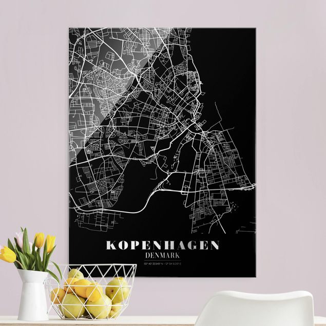 Glasbild Schwarz-Weiß Stadtplan Kopenhagen - Klassik Schwarz