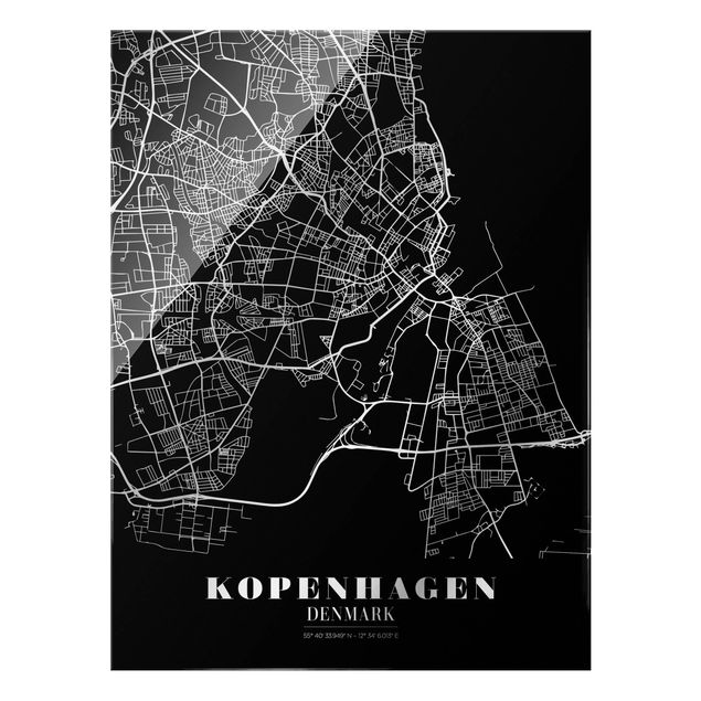 Glasbilder Stadtplan Kopenhagen - Klassik Schwarz
