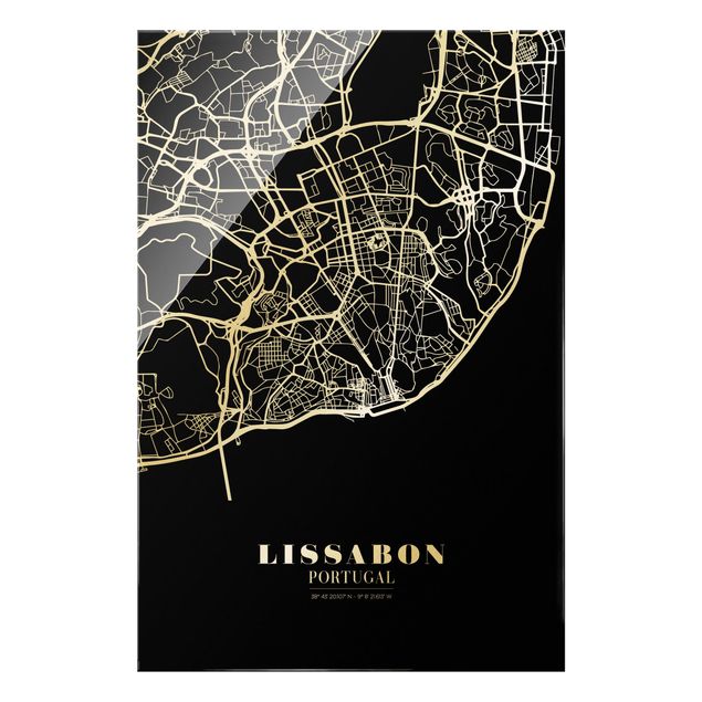 Glas Wandbilder Stadtplan Lissabon - Klassik Schwarz