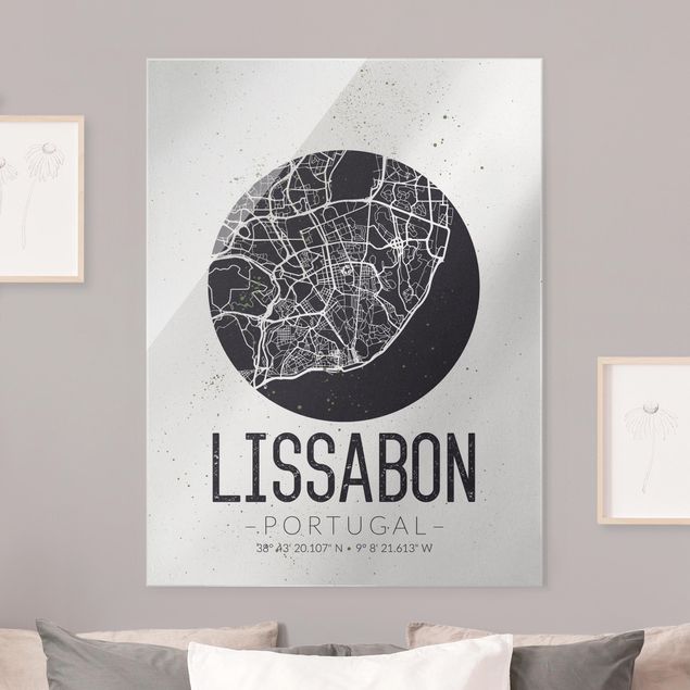 Schwarz-Weiß Glasbilder Stadtplan Lissabon - Retro