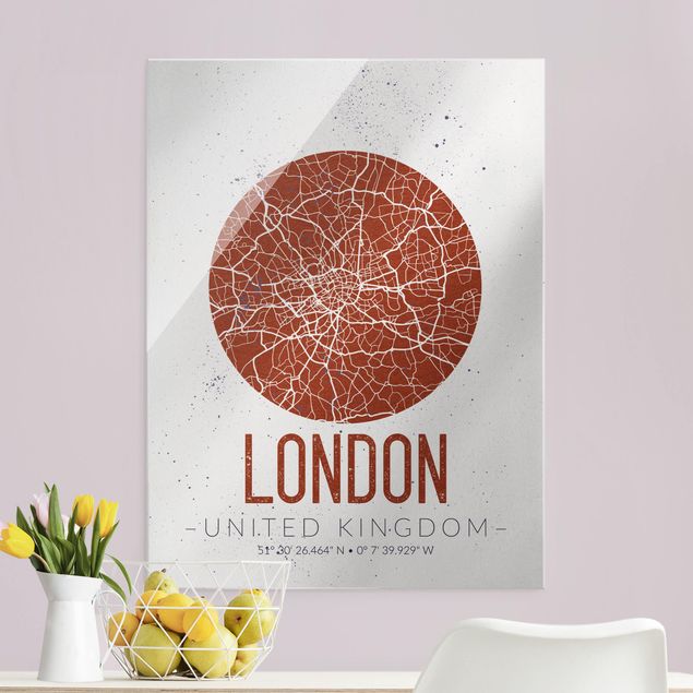 Schwarz-Weiß Glasbilder Stadtplan London - Retro