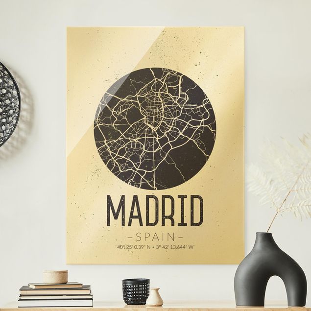 Schwarz-Weiß Glasbilder Stadtplan Madrid - Retro