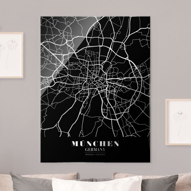 Schwarz-Weiß Glasbilder Stadtplan München - Klassik Schwarz