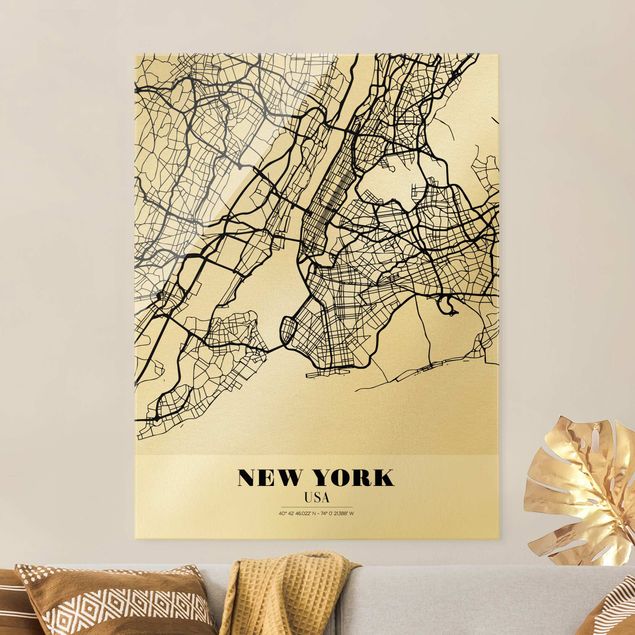 Glasbild Schwarz-Weiß Stadtplan New York - Klassik