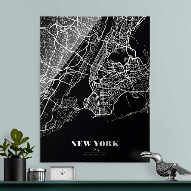 XXL Glasbilder Stadtplan New York - Klassik Schwarz