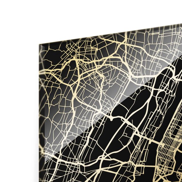 Glas Wandbilder Stadtplan New York - Klassik Schwarz