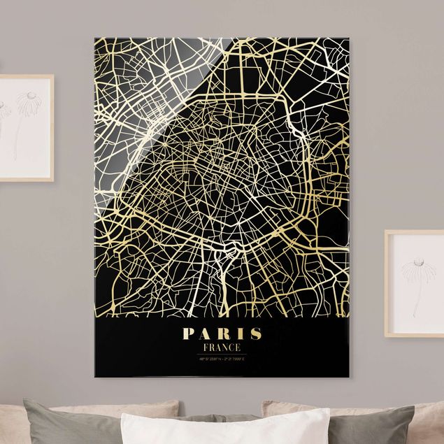 Glasbilder XXL Stadtplan Paris - Klassik Schwarz