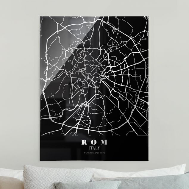 Schwarz-Weiß Glasbilder Stadtplan Rom - Klassik Schwarz