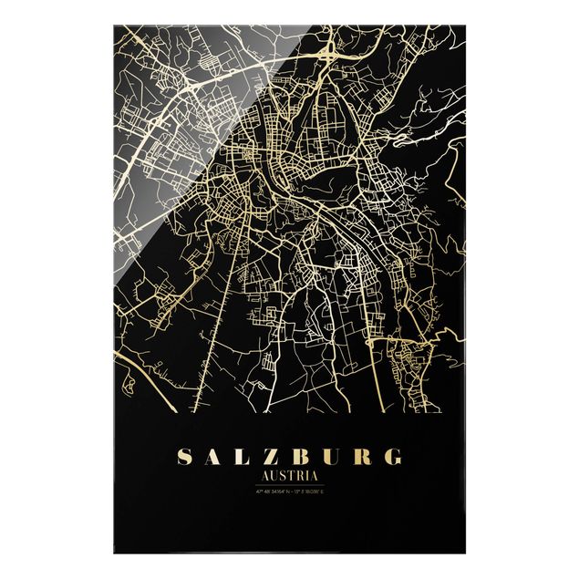 Glasbilder Stadtplan Salzburg - Klassik Schwarz