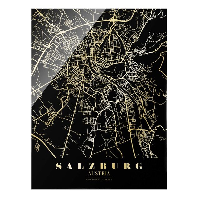Glasbilder Stadtplan Salzburg - Klassik Schwarz
