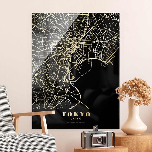 Glasbild Schwarz-Weiß Stadtplan Tokyo - Klassik Schwarz