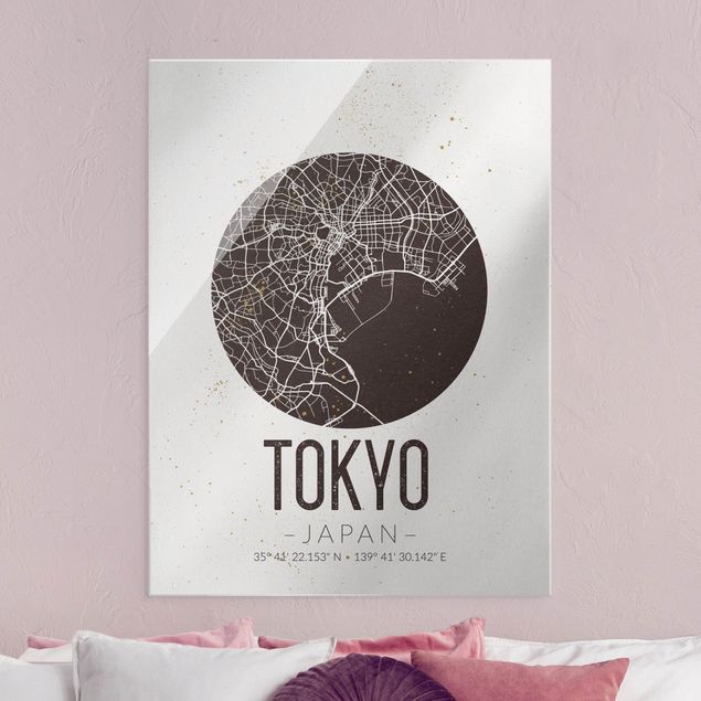 Schwarz-Weiß Glasbilder Stadtplan Tokyo - Retro