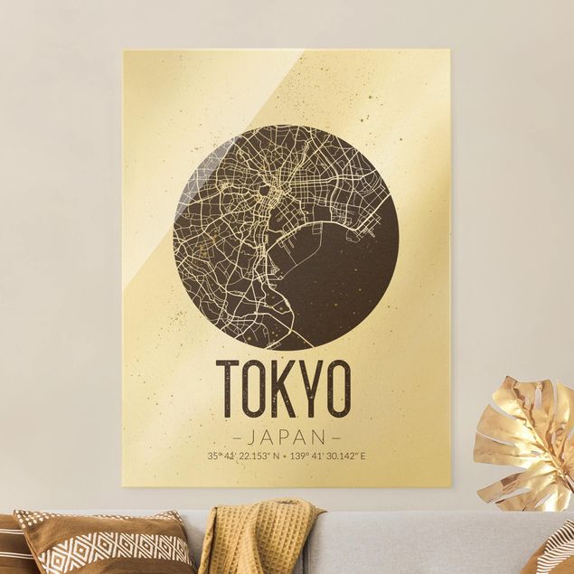 Schwarz-Weiß Glasbilder Stadtplan Tokyo - Retro