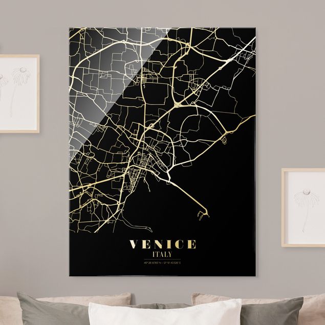 Glasbilder Schwarz-Weiß Stadtplan Venedig - Klassik Schwarz