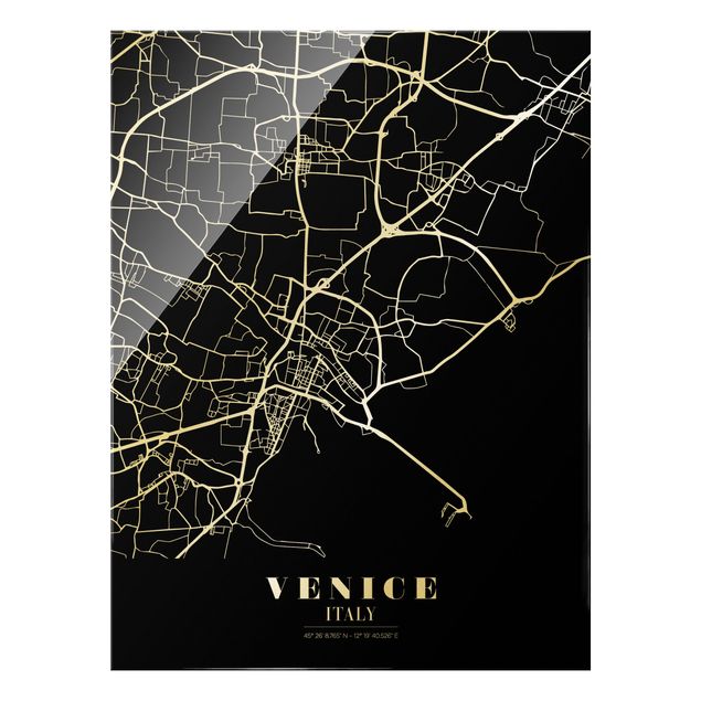 Bilder auf Glas Stadtplan Venedig - Klassik Schwarz