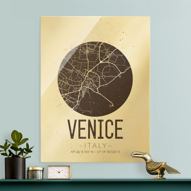 Schwarz-Weiß Glasbilder Stadtplan Venice - Retro