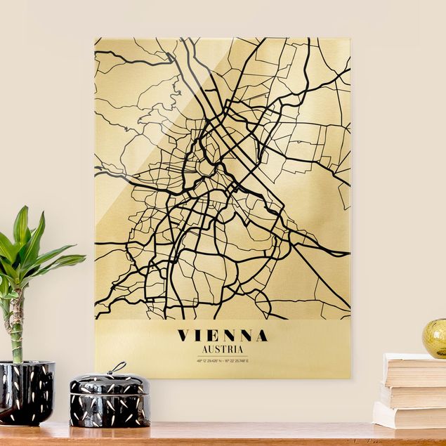 Schwarz-Weiß Glasbilder Stadtplan Vienna - Klassik