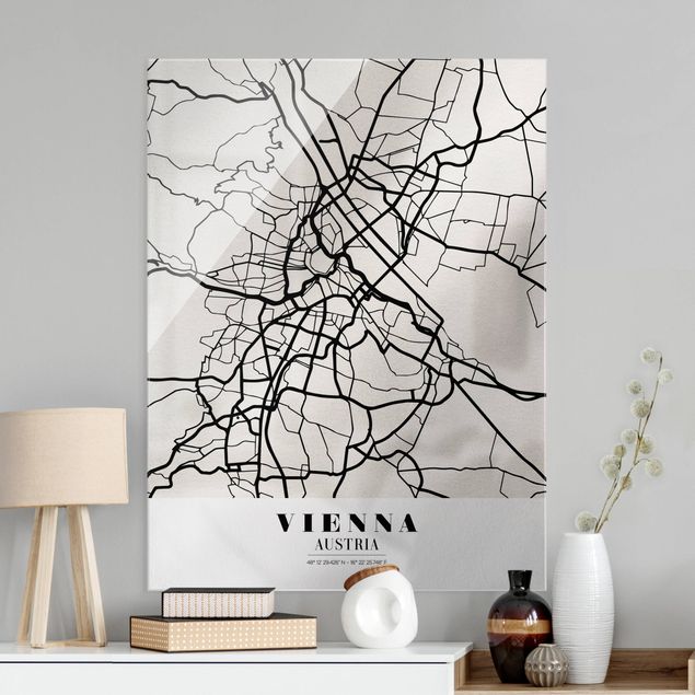 Schwarz-Weiß Glasbilder Stadtplan Vienna - Klassik