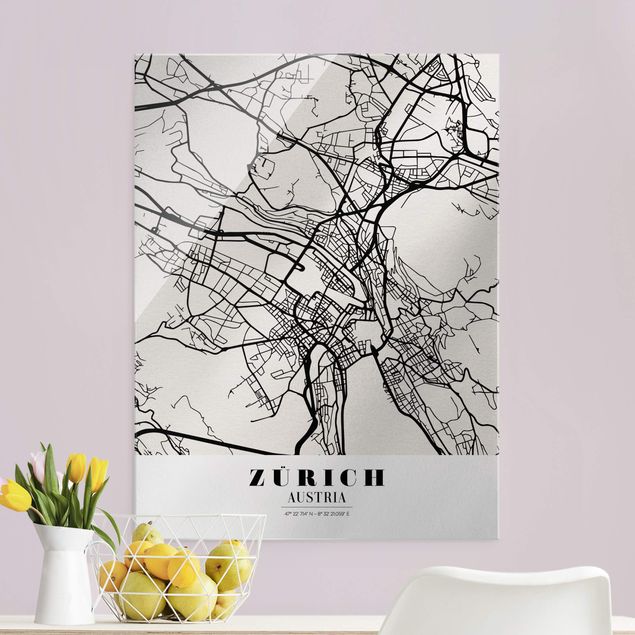 Schwarz-Weiß Glasbilder Stadtplan Zürich - Klassik
