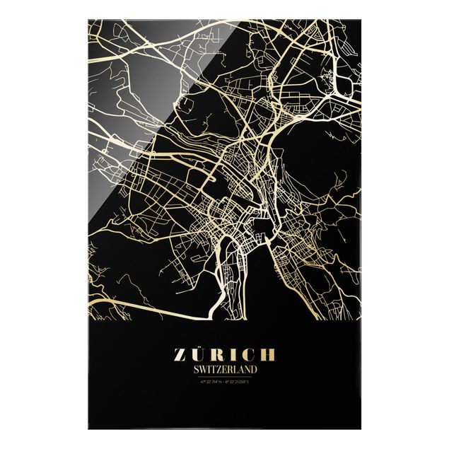 Glasbild - Stadtplan Zürich - Klassik Schwarz - Hochformat 2:3