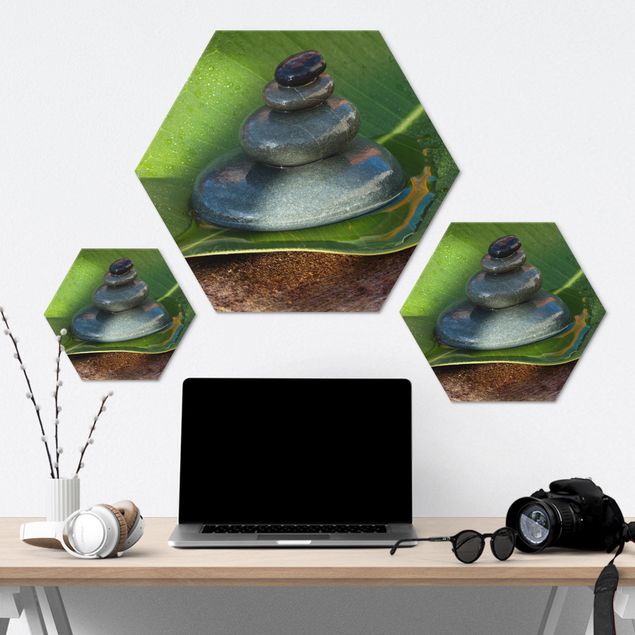 Hexagon-Alu-Dibond Bild - Steinturm auf grünem Blatt