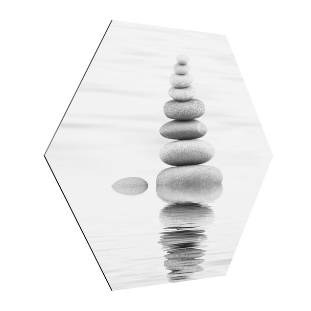 Hexagon-Alu-Dibond Bild - Steinturm im Wasser Schwarz-Weiß