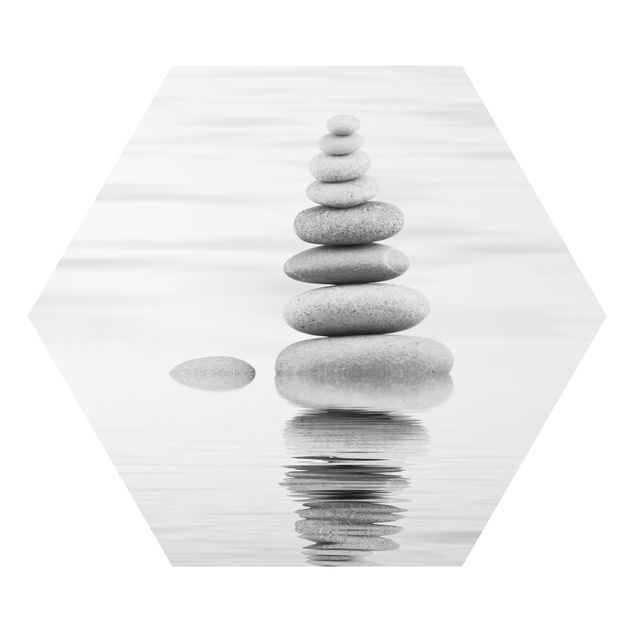 Hexagon-Alu-Dibond Bild - Steinturm im Wasser Schwarz-Weiß