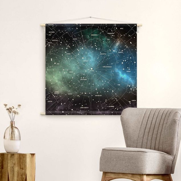 Wandteppich Weltkarte Sternbilder Karte Galaxienebel