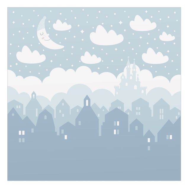 Fensterfolie - Sichtschutz - Sternenhimmel mit Häusern und Mond in blau - Fensterbilder