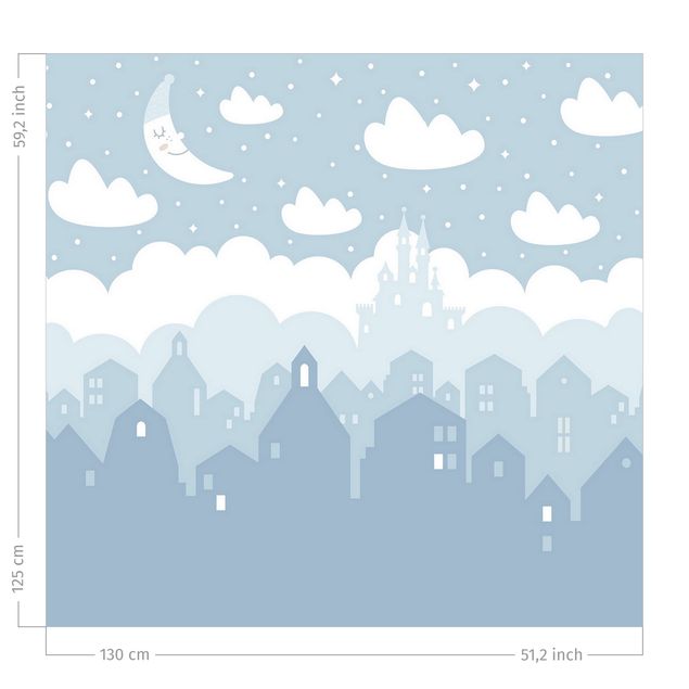 Vorhänge Fenster Sternenhimmel mit Häusern und Mond in blau