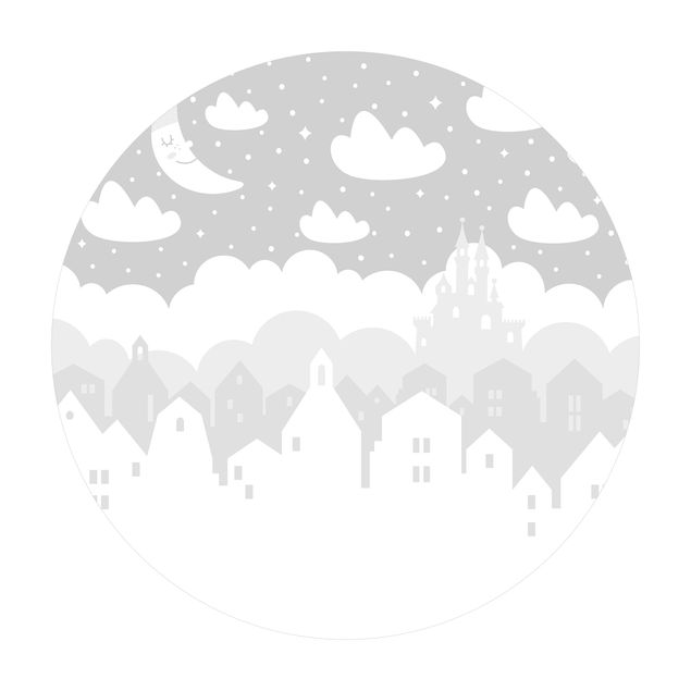 Runder Vinyl-Teppich - Sternenhimmel mit Häusern und Mond in grau