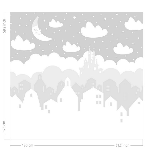 Vorhänge Fenster Sternenhimmel mit Häusern und Mond in grau