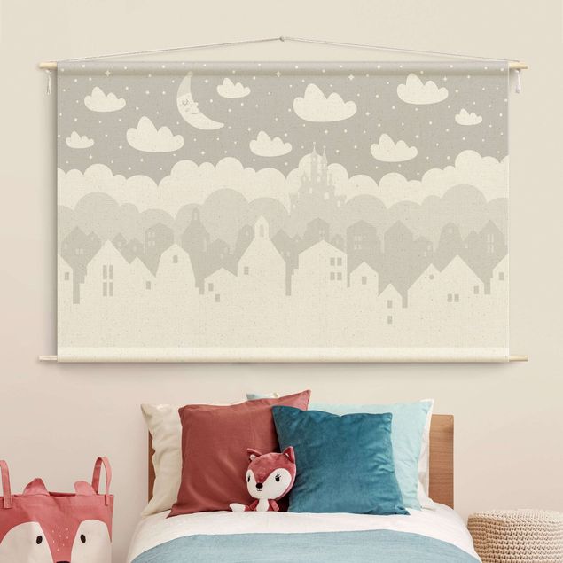 Wandbehang Sternenhimmel mit Häusern und Mond in grau