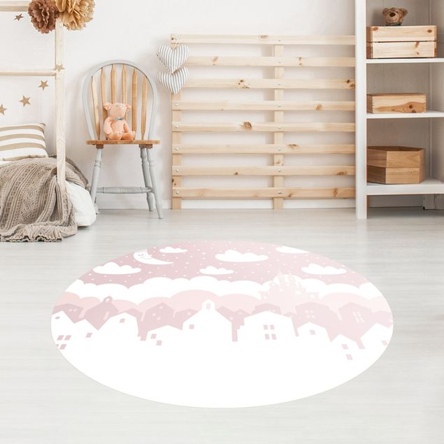Moderne Teppiche Sternenhimmel mit Häusern und Mond in rosa