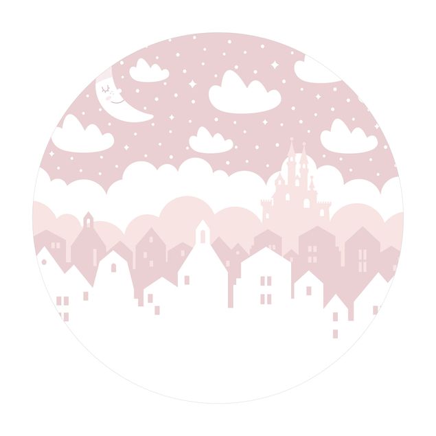 Runder Vinyl-Teppich - Sternenhimmel mit Häusern und Mond in rosa