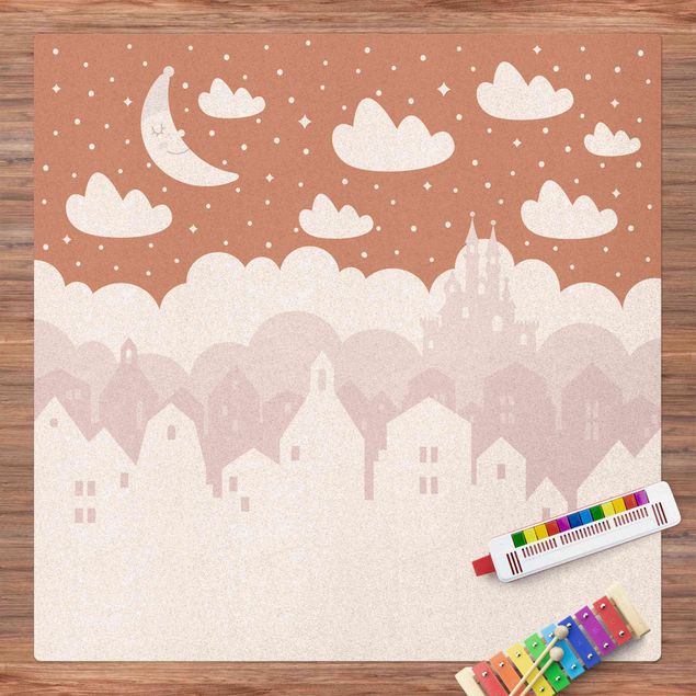 Teppiche Sternenhimmel mit Häusern und Mond in rosa