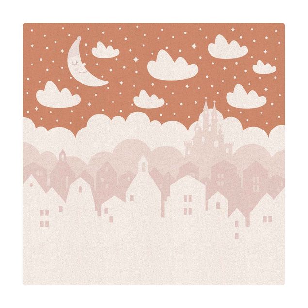 Kork-Teppich - Sternenhimmel mit Häusern und Mond in rosa - Quadrat 1:1