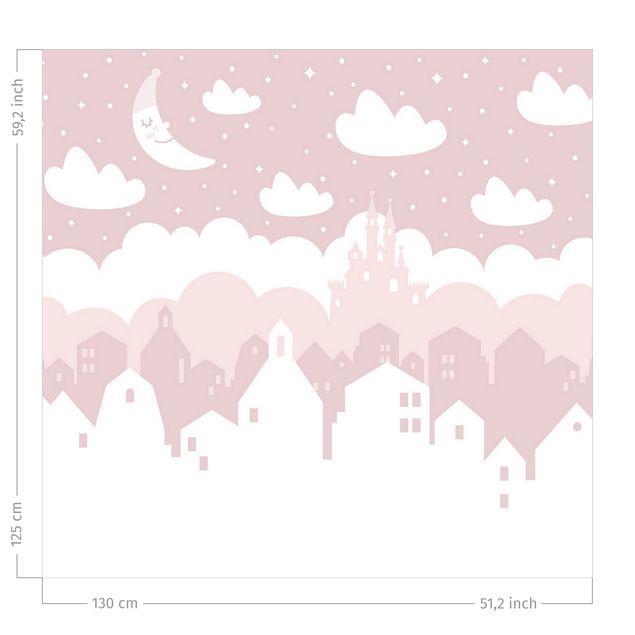 Fenster Vorhang Sternenhimmel mit Häusern und Mond in rosa