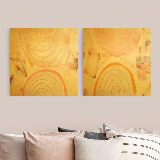Moderne Leinwandbilder Wohnzimmer Strahlende Farbbögen in Karamell Set