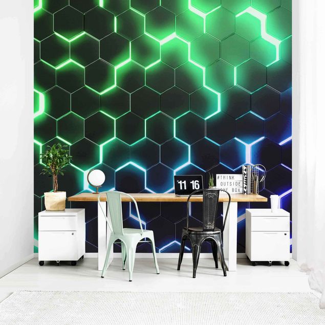 Geometrische Muster Tapete Strukturierte Hexagone mit Neonlicht in Grün und Blau