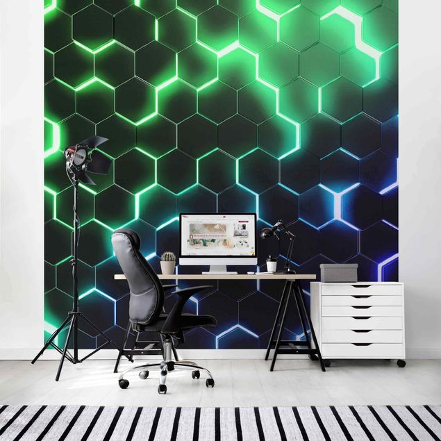 Tapete Strukturierte Hexagone mit Neonlicht in Grün und Blau