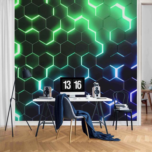 3D Tapeten Strukturierte Hexagone mit Neonlicht in Grün und Blau