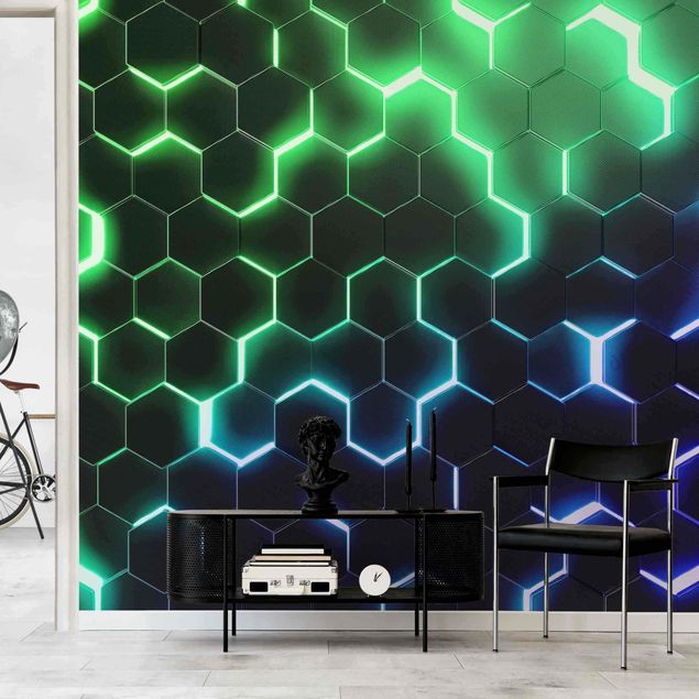 Mustertapete Strukturierte Hexagone mit Neonlicht in Grün und Blau