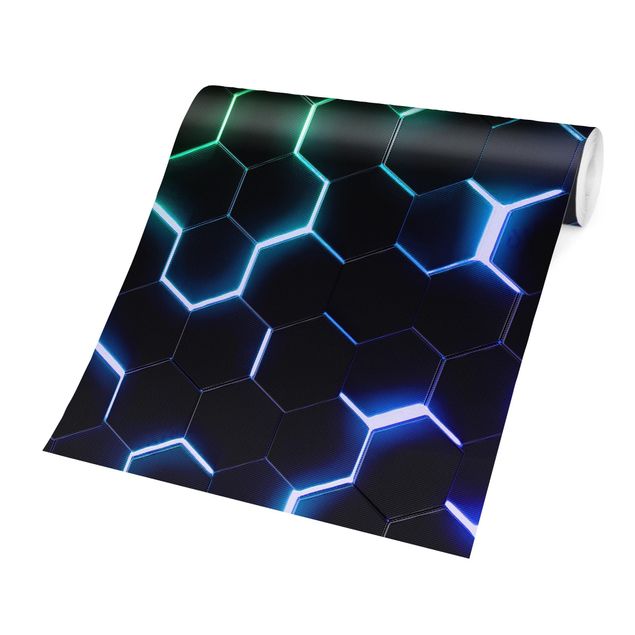 Fototapete modern Strukturierte Hexagone mit Neonlicht in Grün und Blau