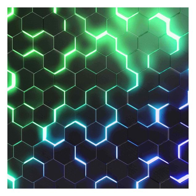 Tapete grün Strukturierte Hexagone mit Neonlicht in Grün und Blau