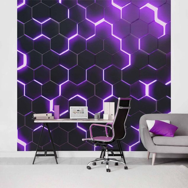 Tapeten Muster Strukturierte Hexagone mit Neonlicht in Lila