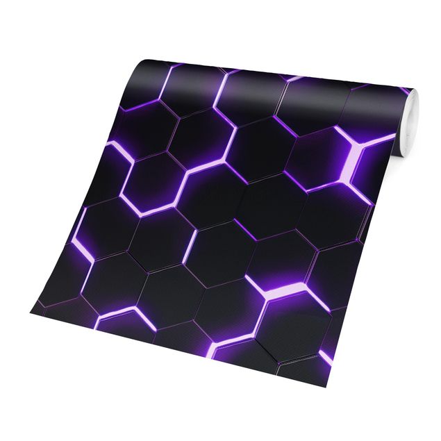 Moderne Tapeten Strukturierte Hexagone mit Neonlicht in Lila