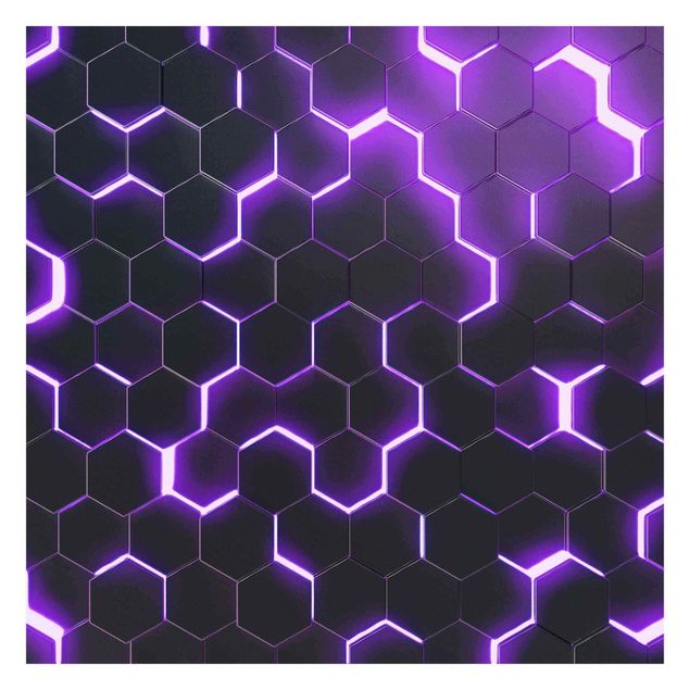 Wandtapete schwarz Strukturierte Hexagone mit Neonlicht in Lila
